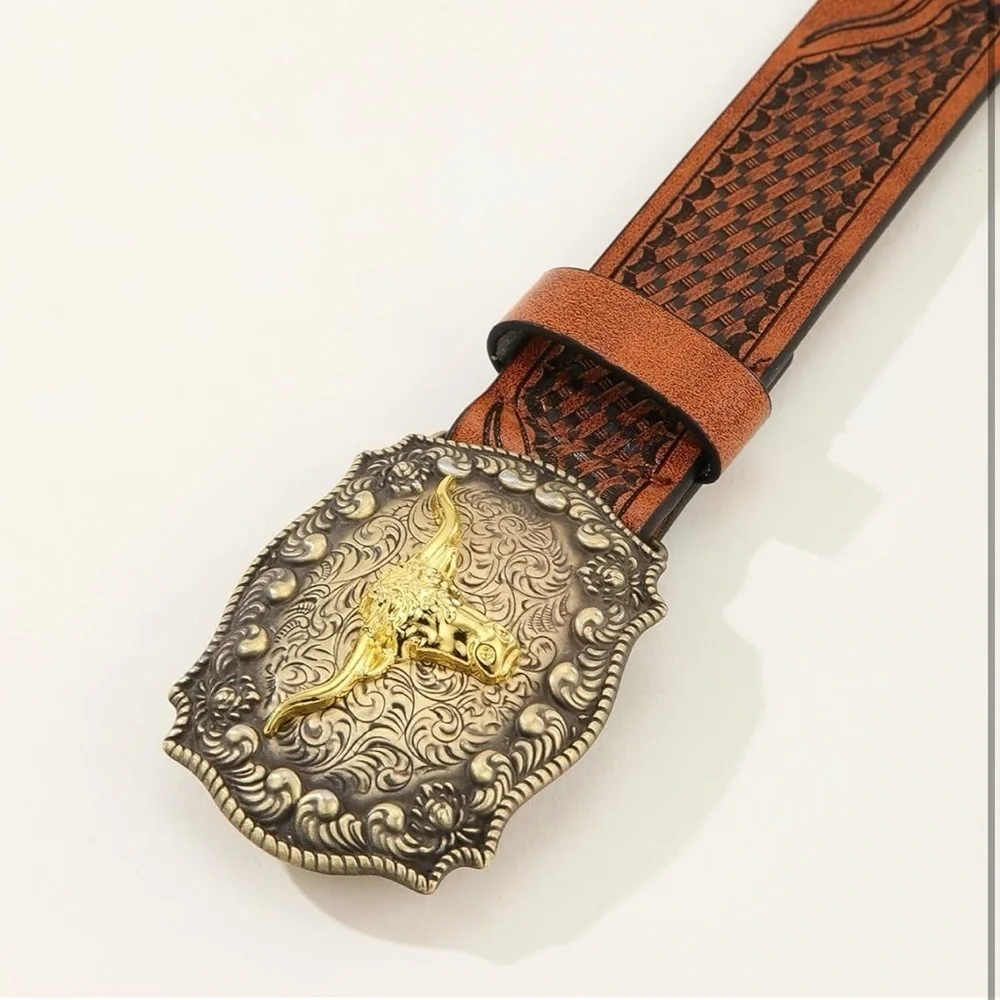 Brown Leather Belt with Gold Buckle